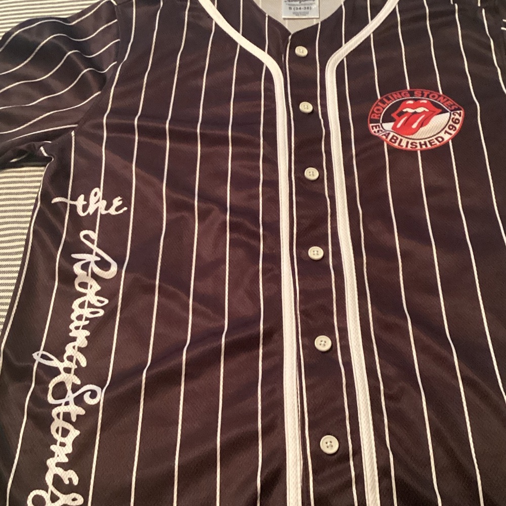 the Rolling Stones Black & White Pinstripe Button-Down Baseball Shirt